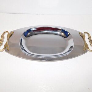 Vintage Kromex 14.5" Chrome Silver Tone Serving Tray MCM gold Tone Handle